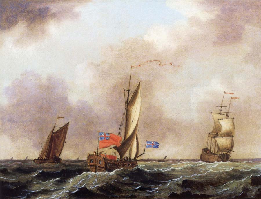 A royal yacht and a merchantman in choppy seas